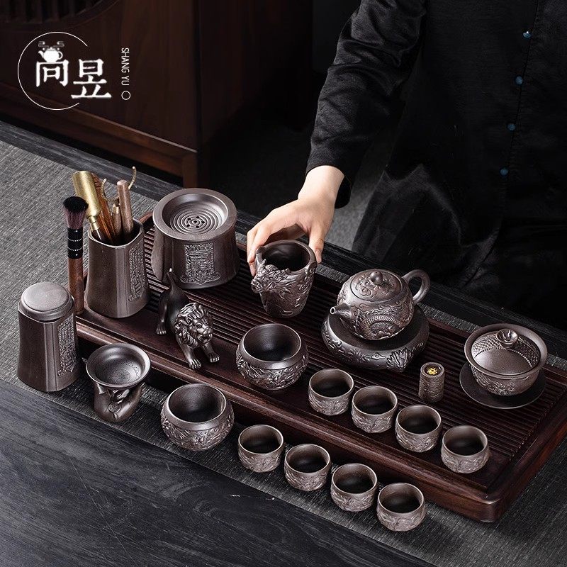 景德镇紫砂壶功夫茶具套组家用中式陶瓷泡茶壶茶杯子浮雕龙纹整套