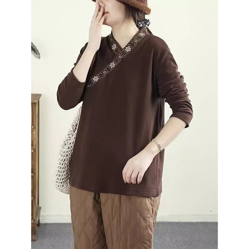 秋冬新款国风V领中式复古刺绣德绒长袖小衫T恤上衣新中式打底a922