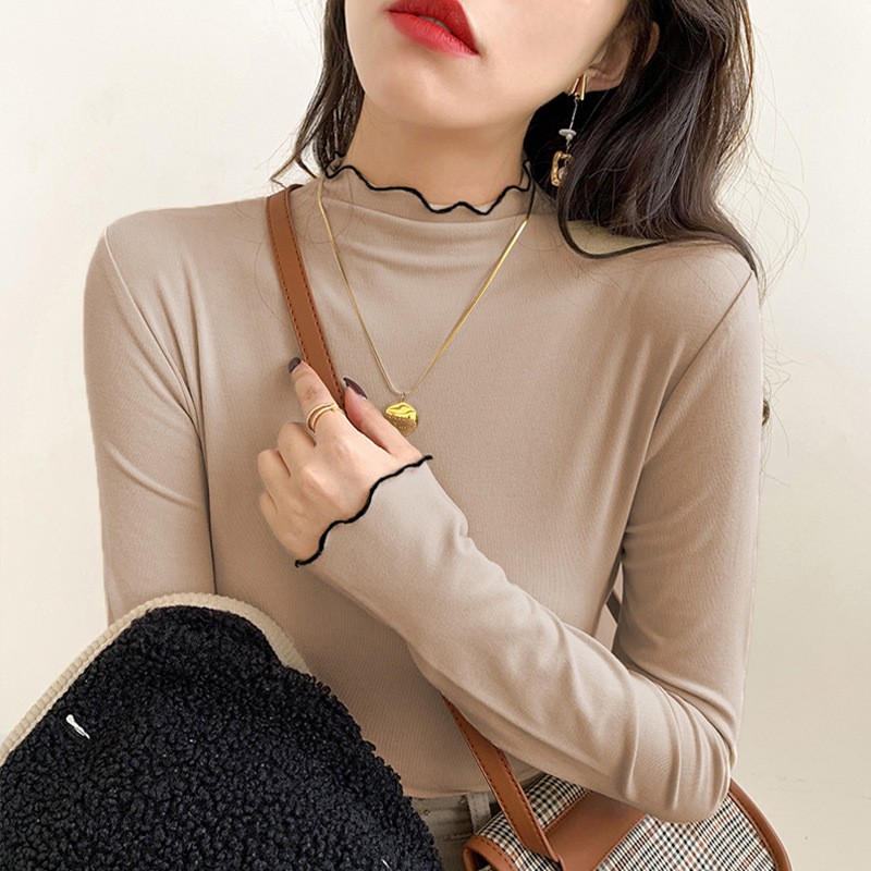德绒半高领打底衫女长袖t恤木耳边修身内搭2025秋季洋气显瘦a159