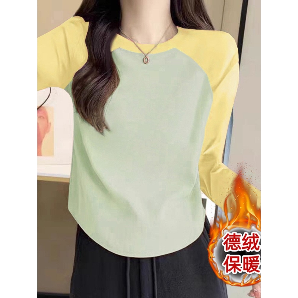 马卡龙蓝色韩版插肩双面德绒长袖打底衫女2025秋冬季新款弧形a990