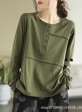 新款文艺复古春秋季长袖t恤女休闲显瘦拼接纽扣打底衫上衣女2a845