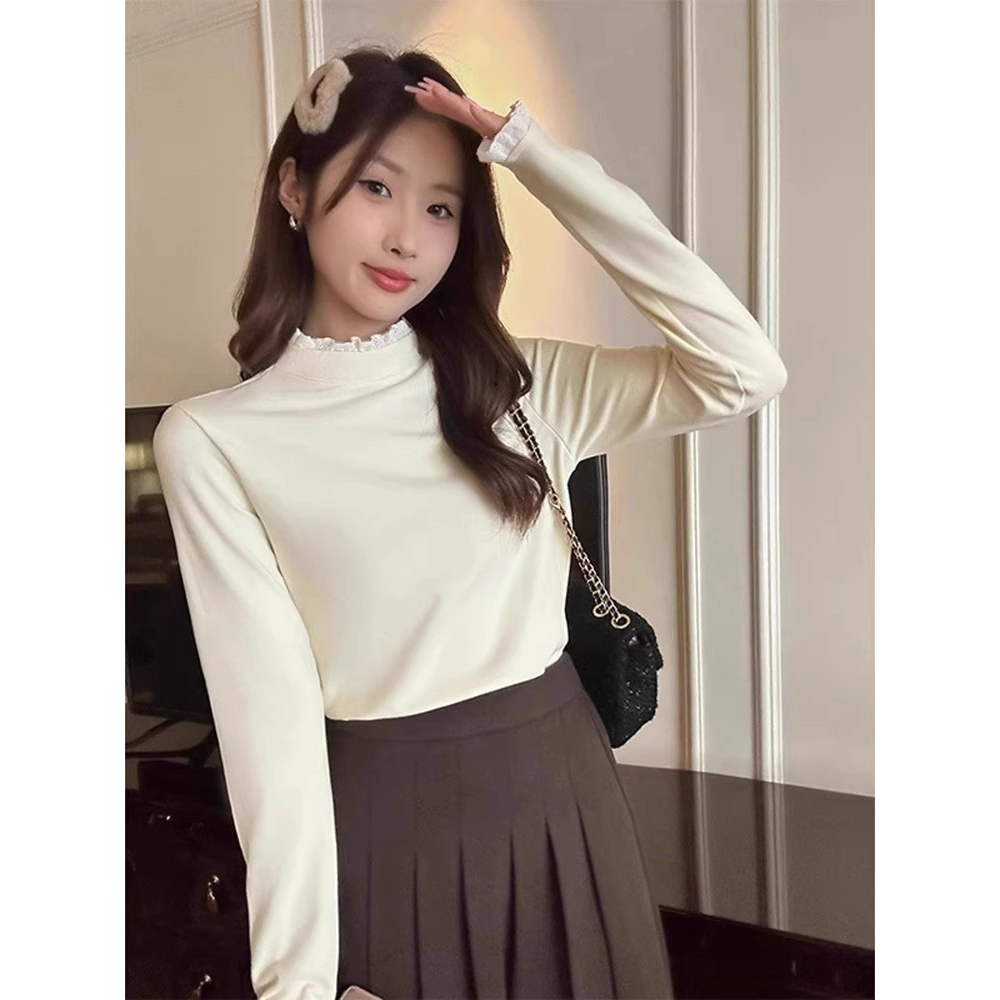 德绒秋冬季新款蕾丝花边拼接半高领内搭长袖上衣设计感小众打a139