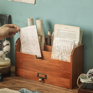 zakka收纳盒学生桌上文具书本办公桌文件夹手账复古木质置物架子