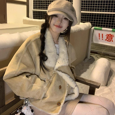 韩系廓形撞色麂皮绒羊羔