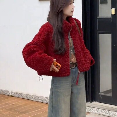 韩系立领羊羔毛外套女202