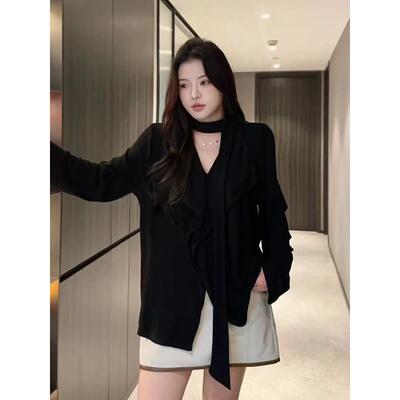 大码女装法式v领荷叶边黑