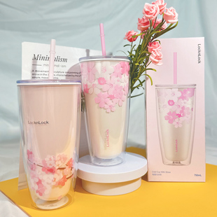 微瑕疵乐扣乐扣夏季 水杯成人办公室吸管大容量樱花随手杯清新少女