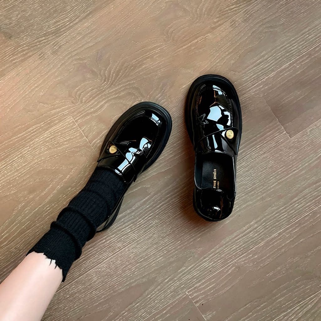 全真皮厚底踩跟粗跟乐福鞋女