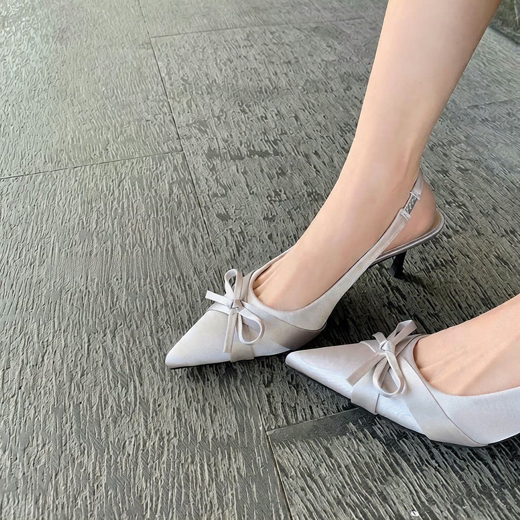 5cm高跟凉鞋法式蝴蝶结尖头单鞋女细跟高跟鞋夏季浅口后空性感风