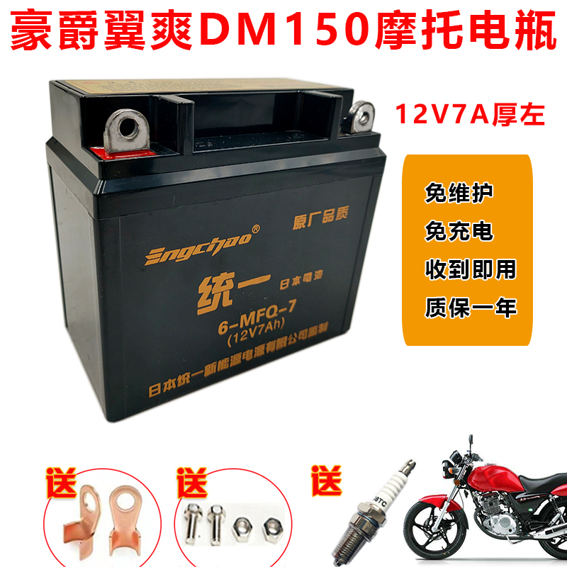 适用豪爵DM翼爽HJ125/150男士摩托车统一免维护蓄电池12V7A干电瓶