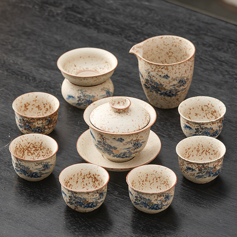 复古陶瓷火石红山水盖碗功夫茶具套装家用中式办公室泡茶工具套装