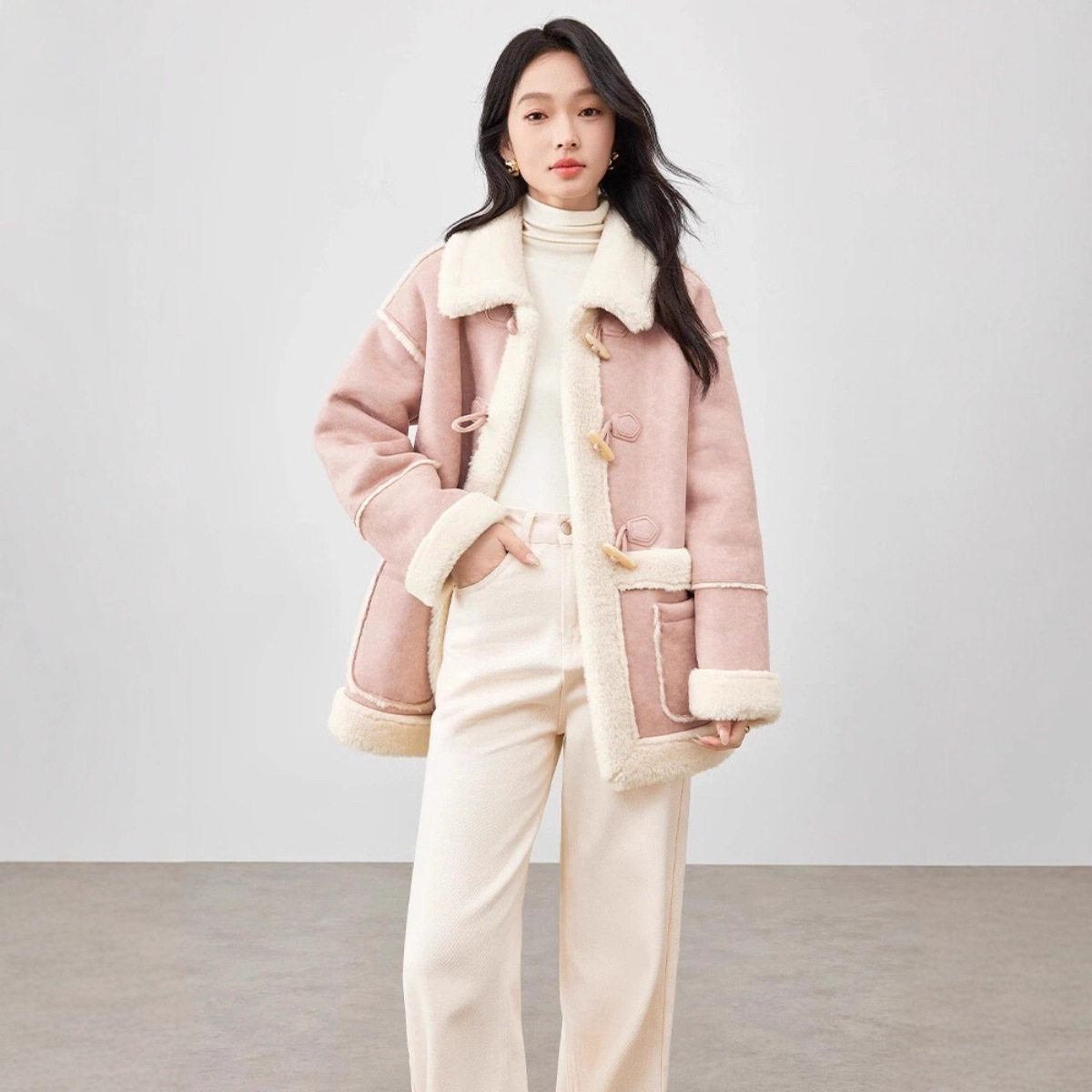 粉色牛角扣羊羔毛外套女2025冬新款韩版甜美减龄保暖皮毛一体棉衣,男装,牛仔外套,淘宝优惠券,粉丝福利购,淘宝优惠卷