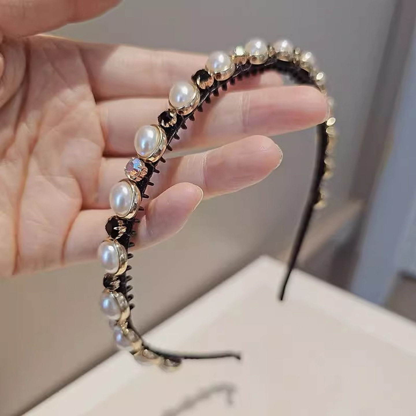香港气质工艺珍珠水钻细边发箍金银丝缠绕百搭带齿头箍发饰发卡