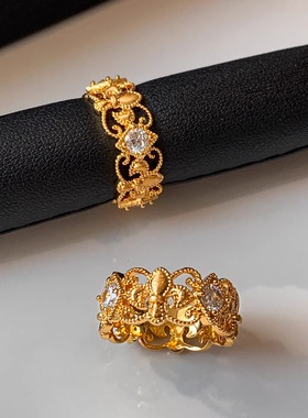 中古旺财镶钻拉丝金色鸢尾花戒指女小众设计轻奢高级感巨好看指环