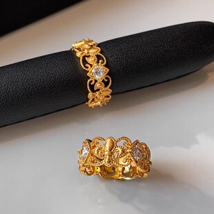 中古旺财镶钻拉丝金色鸢尾花戒指女小众设计轻奢高级感巨好看指环