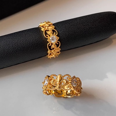 中古旺财镶钻拉丝金色鸢尾花戒指女小众设计轻奢高级感巨好看指环