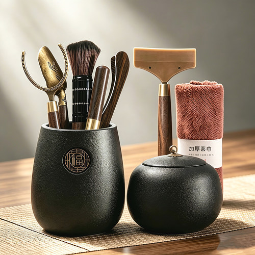 [黑陶茶筒]茶具配件收纳筒六君子