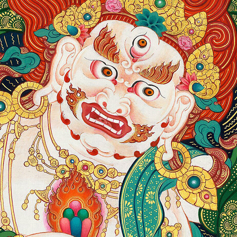 高档白六臂玛哈嘎拉护法财神矿物颜料微喷唐卡画 藏传密宗定制精