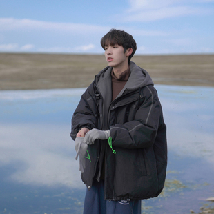 A2023冬季 棉衣假两件连帽棉袄外套宽松加厚保暖学生棉服潮 品男装