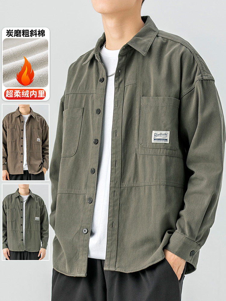 工装衬衫式外套男士春秋款休闲衬衣时尚宽松秋冬季加绒开衫夹克男
