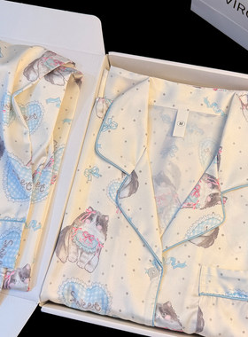 真丝碎冰蓝猫甜美可爱睡衣女2026新款日系卡通长袖长裤家居服套装