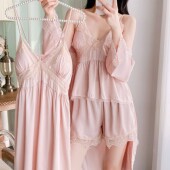 吊带胸垫甜美纯欲风蕾丝夏天家居服 春秋季 法式 性感女睡衣四件套装