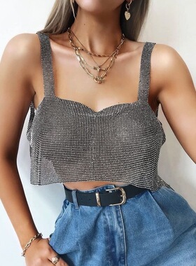 网红新款烫钻背心女性感夜店金属闪亮水钻吊带蹦迪上衣露背打底衫