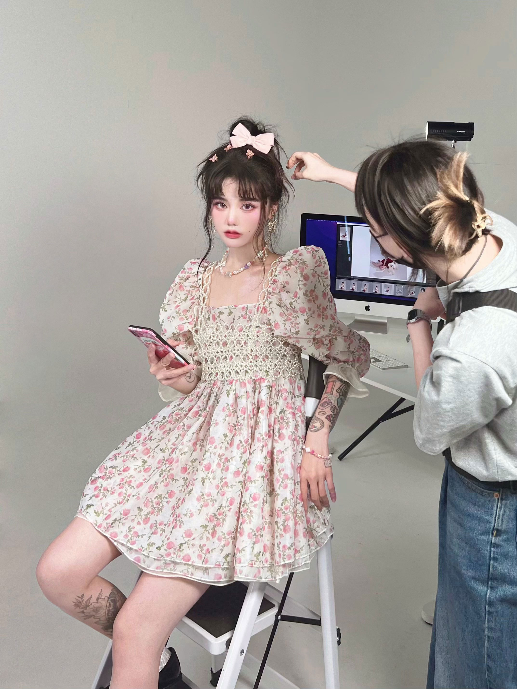 XINGCGLS樱花粉桃子珍珠网格