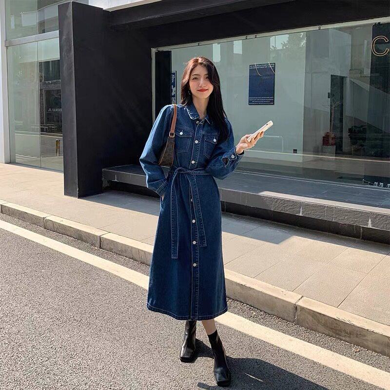 泡泡袖牛仔连衣裙女2022秋冬季新款韩版长袖收腰中长款开叉衬衫