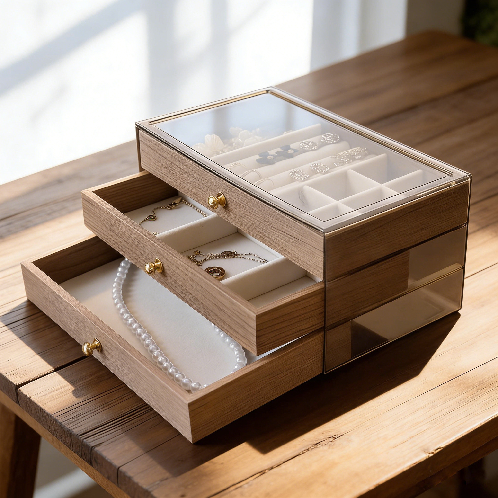 仿木纹高档首饰盒抽屉式轻奢大容量防尘珠宝透明桌面分层收纳盒,收纳整理,首饰盒,淘宝优惠券,粉丝福利购,淘宝优惠卷