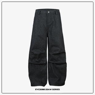 黑原牛定织丝光15oz立体重磅打褶弯刀廓形baggy牛仔裤 EVC 25美式
