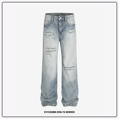 EVC*美式复古假破洞奶油蓝牛仔裤