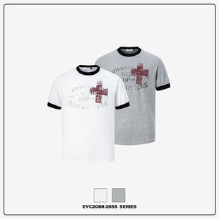 短袖 复古军事风做旧印花撞色正肩修身 T恤男女街头上衣潮 美式 EVC