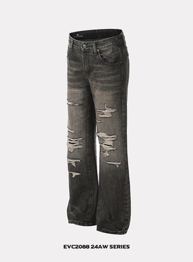 EVC 美式重工破坏黑色假破洞做旧牛仔裤直筒微喇cleanfit长裤潮牌