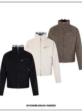 EVC*美式复古水洗座山雕工装短款夹克内里拼毛加厚保暖外套街头潮