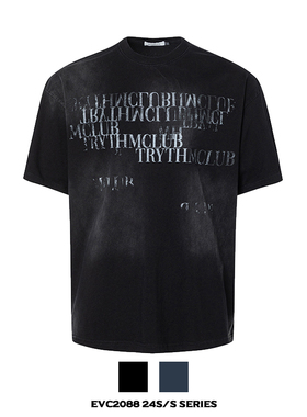 美式复古标语渐变印花宽松水洗做旧短袖小领口简约T恤cleanfit潮