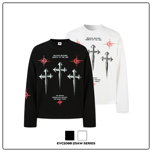 EVC*美式复古暗黑亚文化十字架印花华夫格T恤长袖男女宽松上衣潮