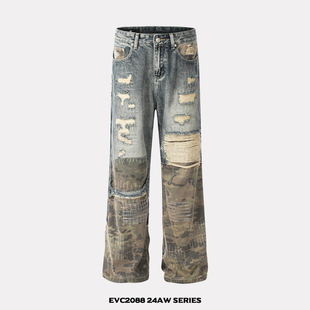 cleanfit迷彩长裤 复古重工破坏拼接水洗微喇牛仔裤 高街男 美式 EVC