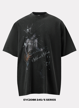 EVC 美式做旧水洗金属摇滚人像小领口短袖原创设计T恤潮牌高街男