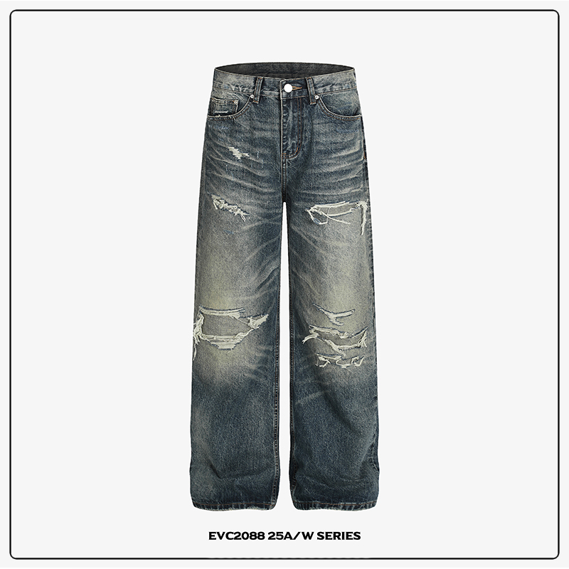 复古重工水洗刀割破坏补丁牛仔裤