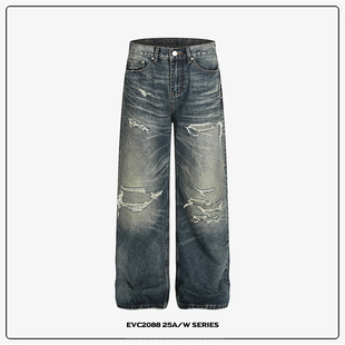 立体猫须直筒宽松长裤 EVC 复古重工水洗刀割破坏补丁做旧牛仔裤