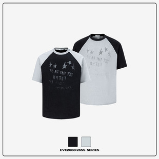 T恤男女百搭 复古插肩撞色星星做旧渐变印花圆领上衣短袖 EVC 美式
