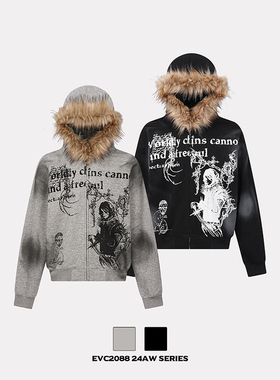 EVC 美式复古小众设计感亚文化十字架毛领连帽水洗重磅卫衣外套潮