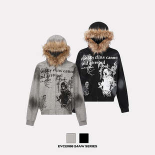 EVC 美式复古小众设计感亚文化十字架毛领连帽水洗重磅卫衣外套潮