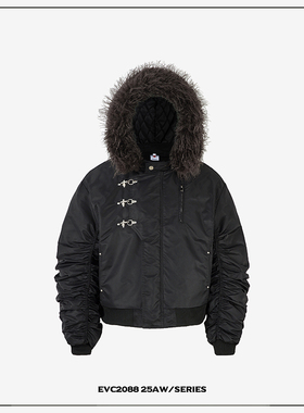 EVC*原创座山雕毛领飞行夹克龙虾扣Ma1-Bomber棉服褶皱弯刀袖外套
