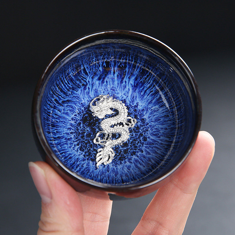 尚云品镶银天目建盏茶杯兔毫盏主人杯单杯龙凤窑变茶盏银杯品茗杯