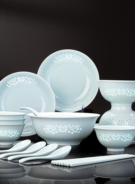 宝石青玲珑缠枝莲陶瓷碗具套装