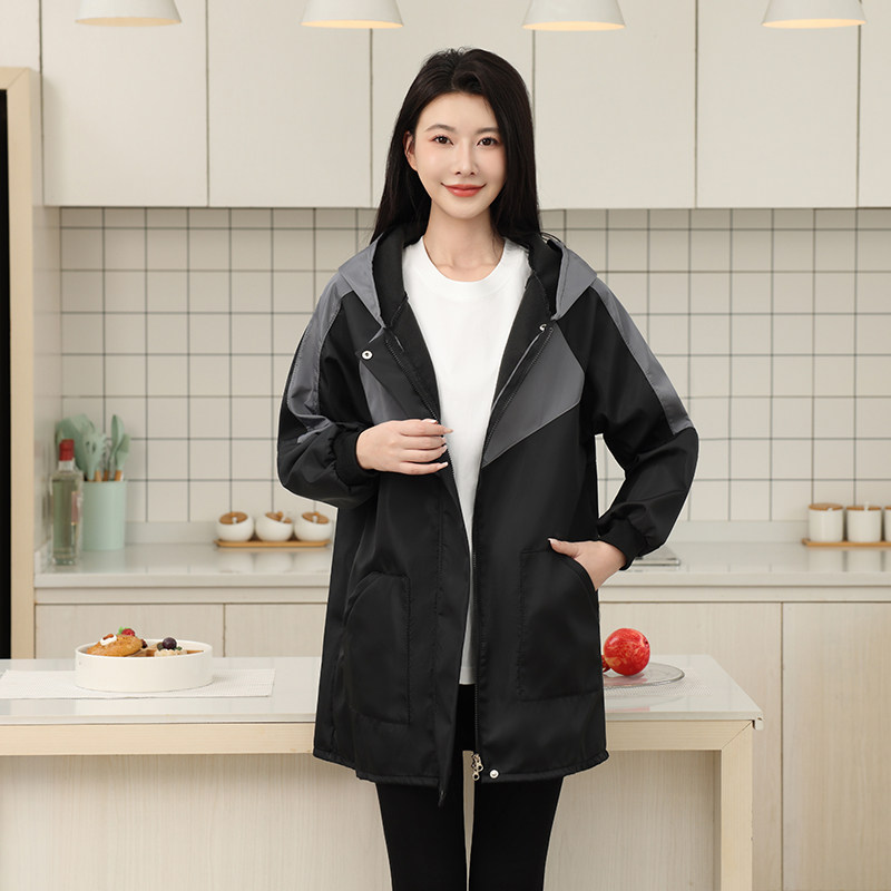 新款双拉链拼色高端女士防水加绒罩衣冬季保暖羽绒服护衣厨房围裙