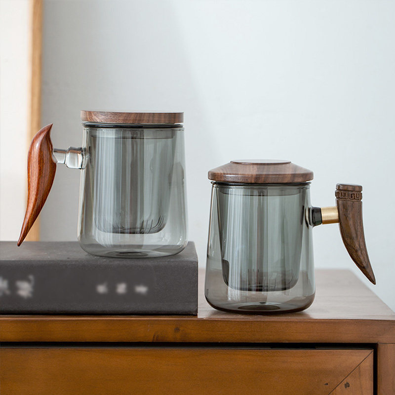 九龙堂夏季木柄玻璃杯办公室马克杯茶水分离泡茶杯带茶漏过滤水杯