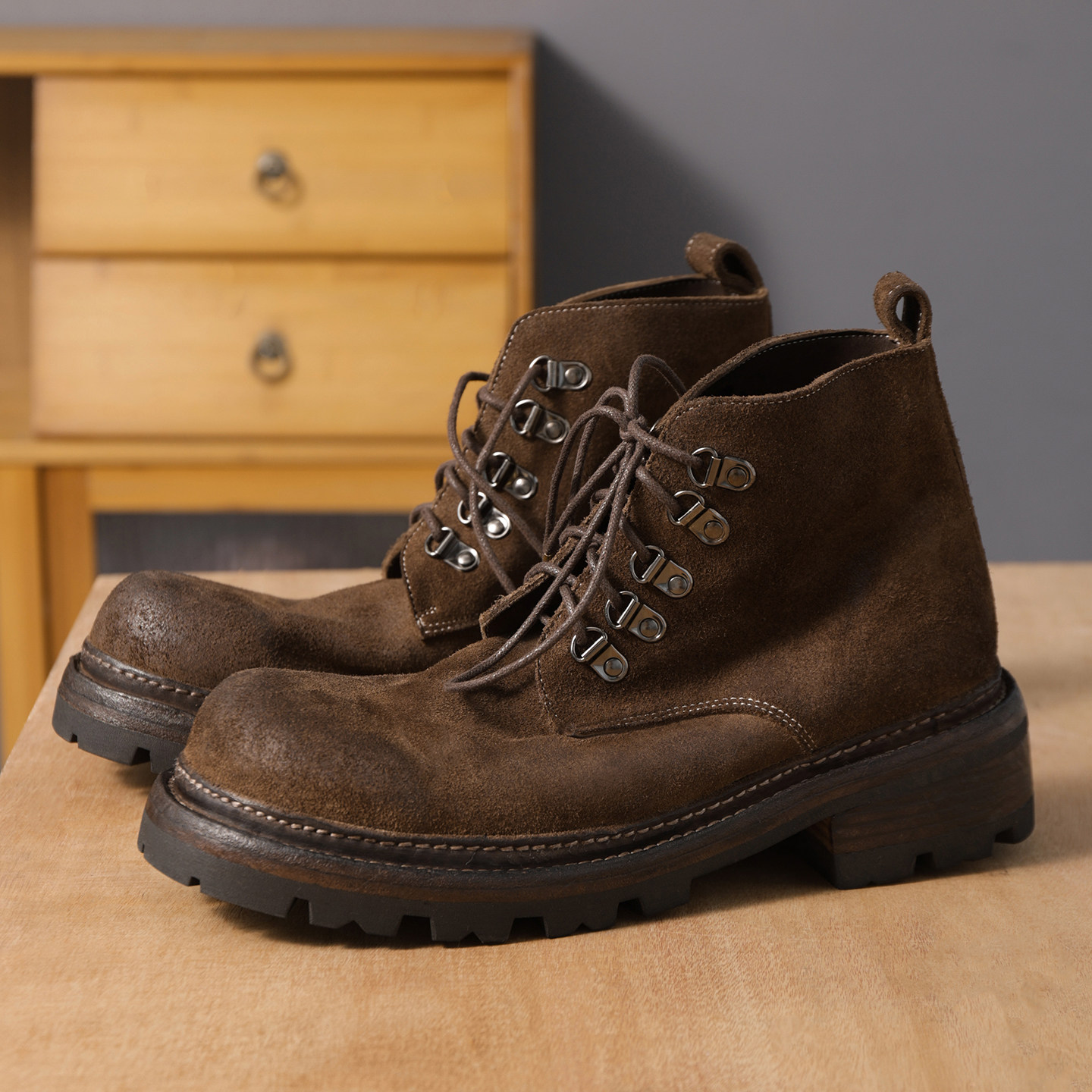 马丁靴男重工水洗高端马皮复古工装鞋固特异真皮底厚底手工机车靴